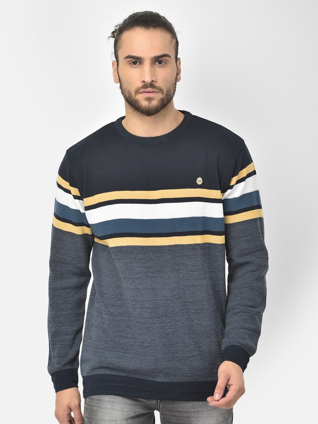 

COBB Men Navy Blue & Yellow Striped Pullover