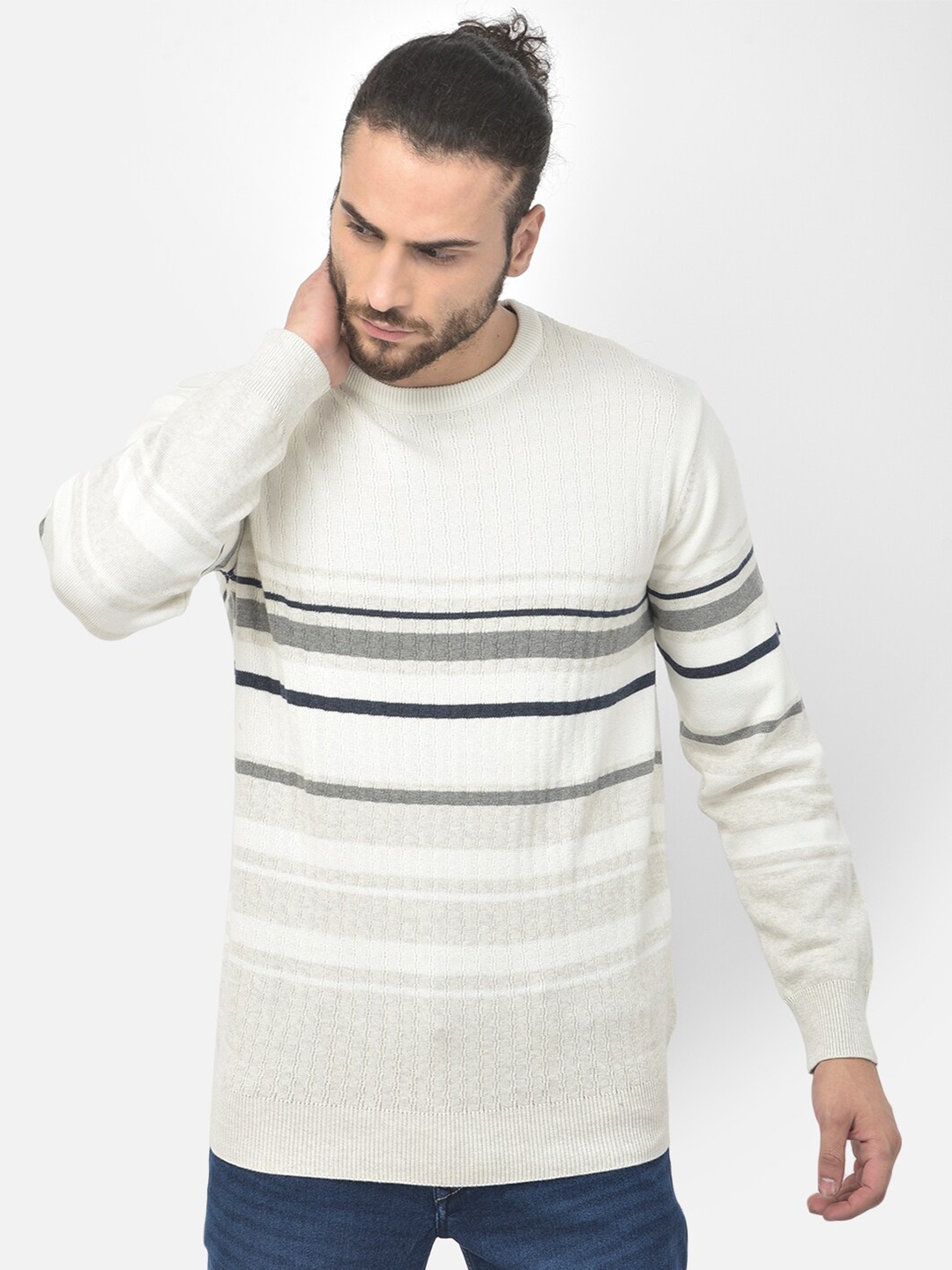 

COBB Men Off White & Grey Striped Pullover