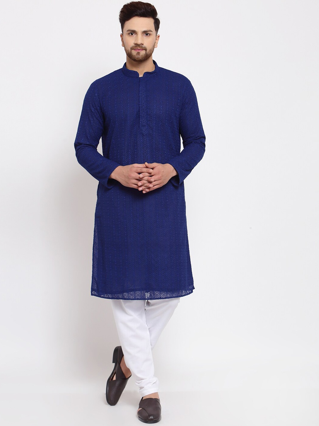 

MOHANLAL SONS Men Navy Blue Silk Georgette Kurta with Pyjamas