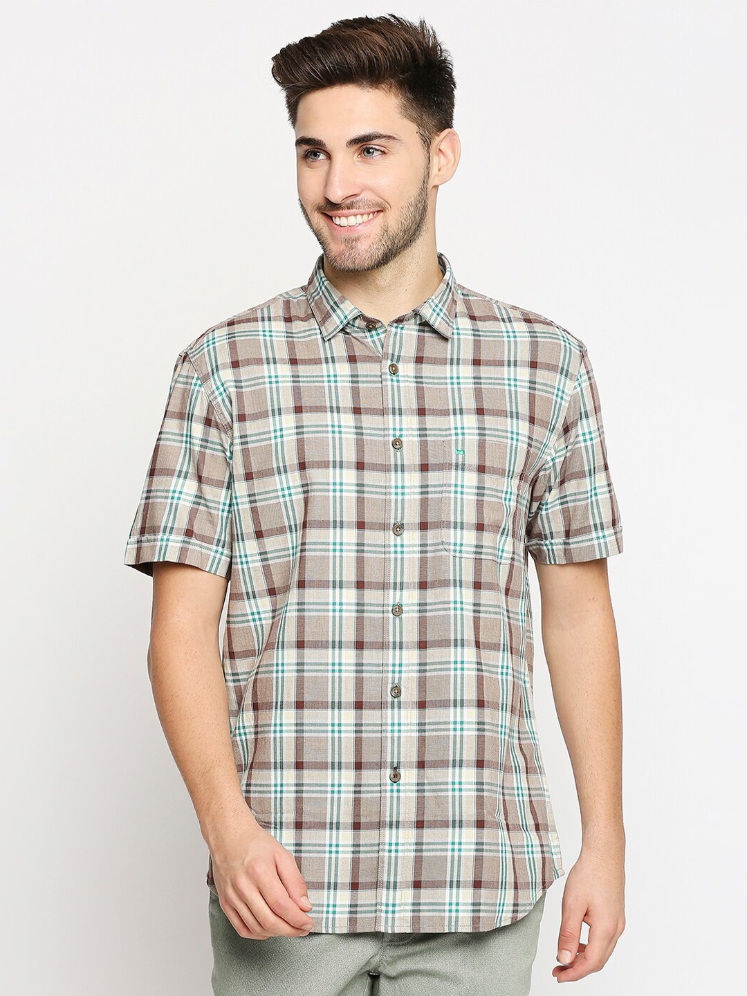 

Basics Men Khaki Slim Fit Tartan Checks Checked Casual Shirt