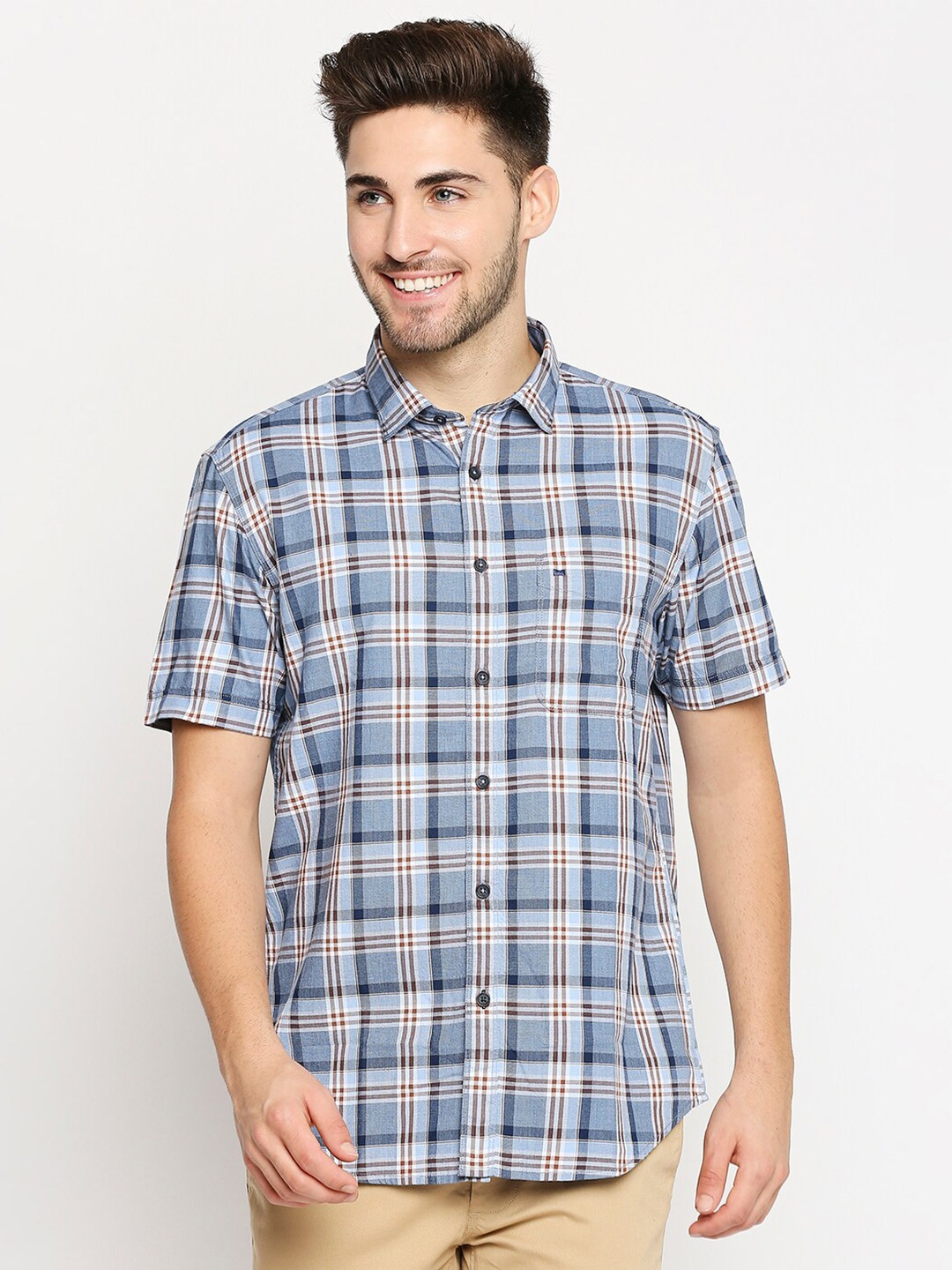 

Basics Men Blue Slim Fit Checked Casual Shirt