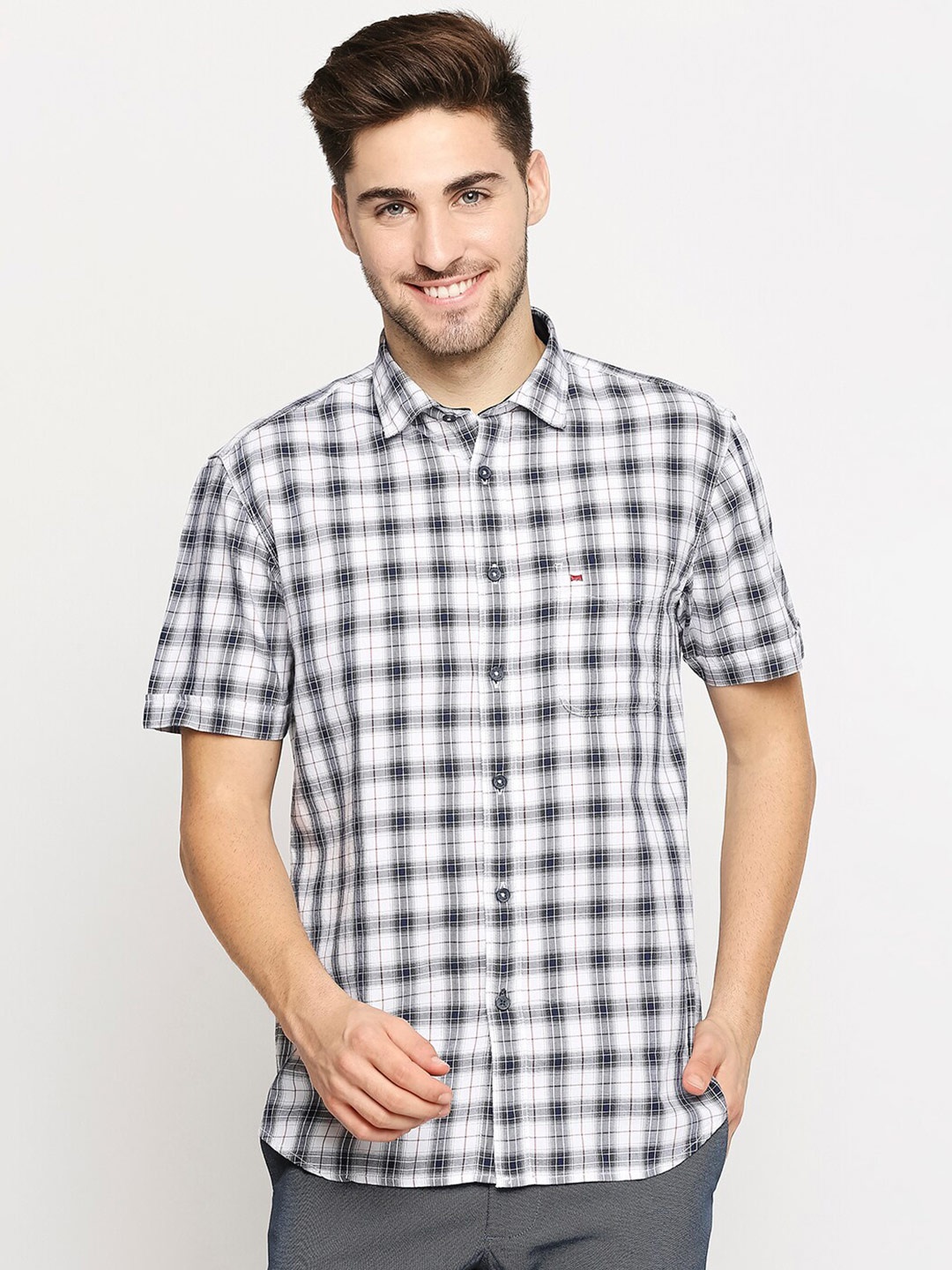 

Basics Men Navy Blue & White Slim Fit Opaque Checked Casual Shirt