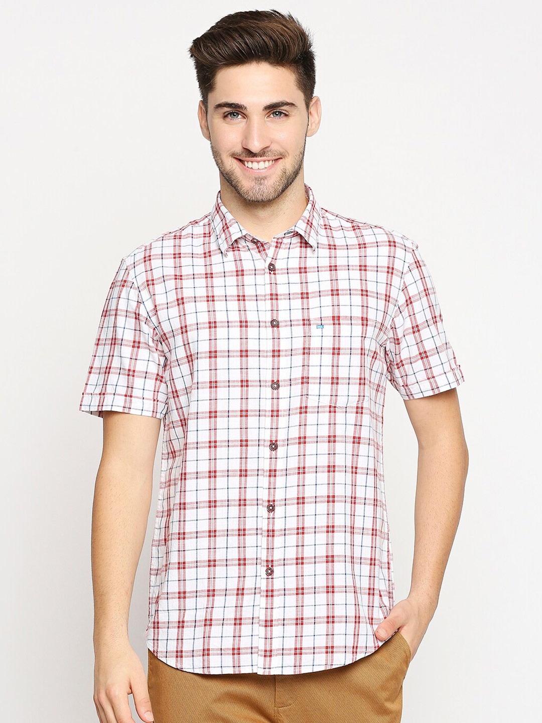 

Basics Men Red Slim Fit Opaque Checked Casual Shirt