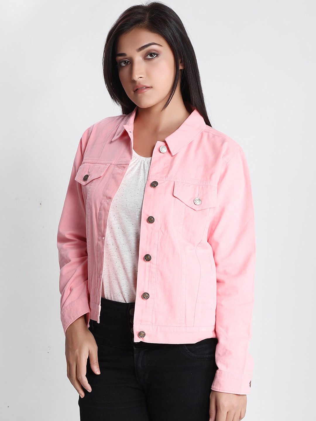 

Dream of Glory Inc Women Pink Lightweight Pure Cotton Denim Jacket