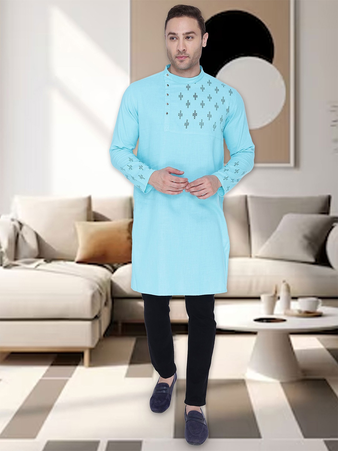 

Kuons Avenue Men Blue Geometric Printed Cotton Kurta