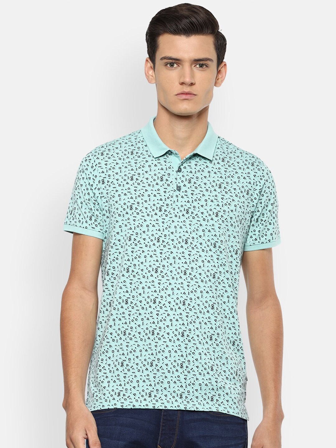 

V Dot Men Blue Printed Polo Collar Slim Fit T-shirt