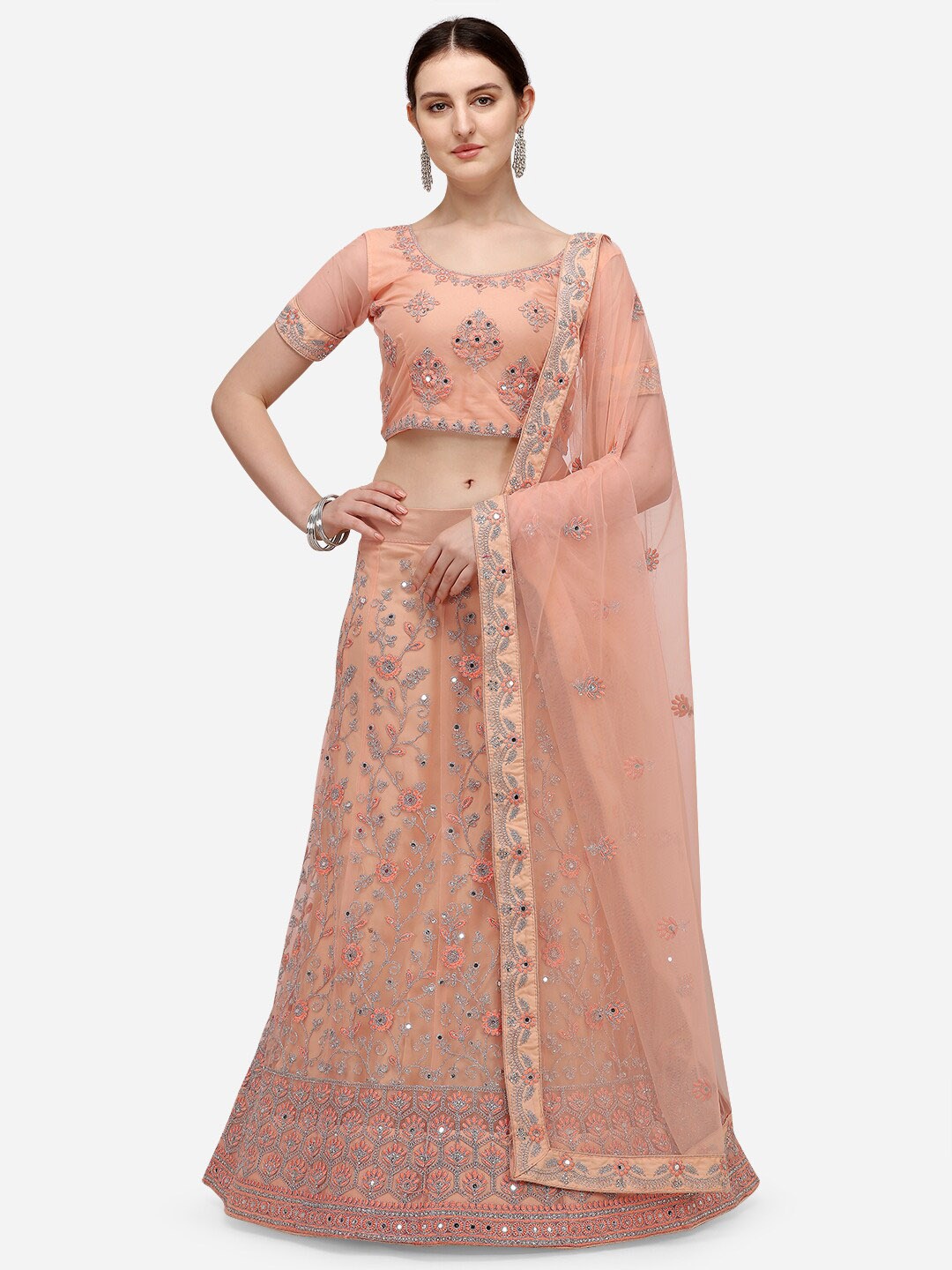 

VRSALES Peach-Coloured & Silver-Toned Embroidered Mirror Work Semi-Stitched Lehenga & Unstitched Blouse With