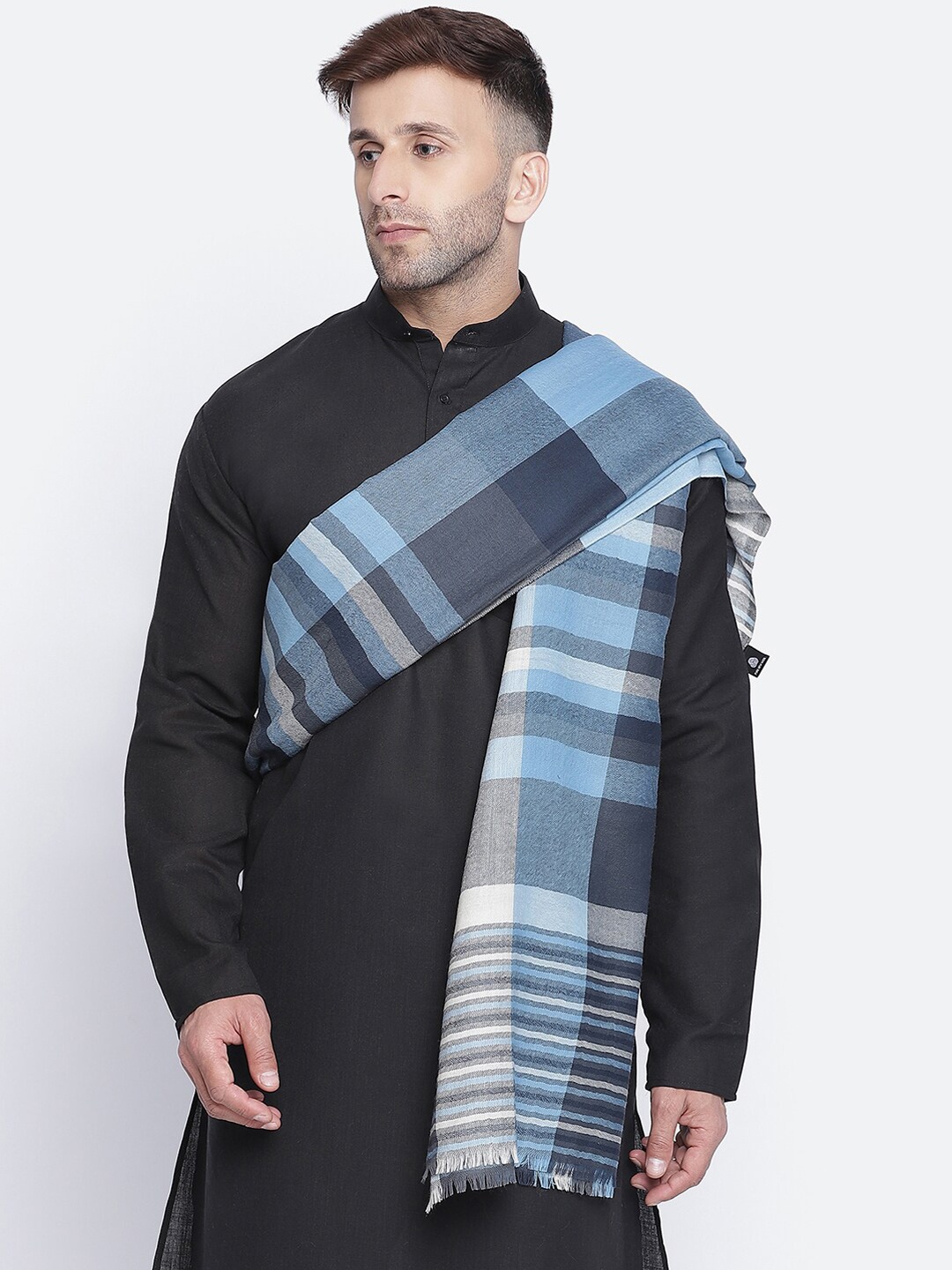 

SHINGORA Men Blue & Grey Woven-Design Pure Woolen Shawl