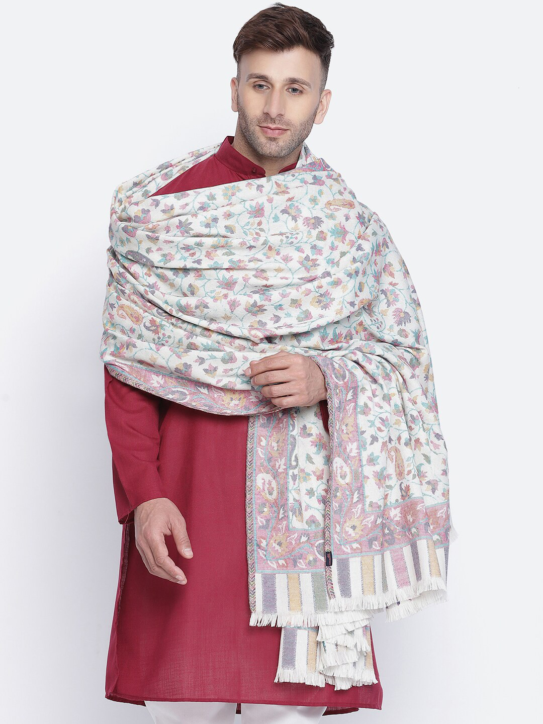 

SHINGORA Men Off White & Blue Woven Design Pure Woolen Shawl
