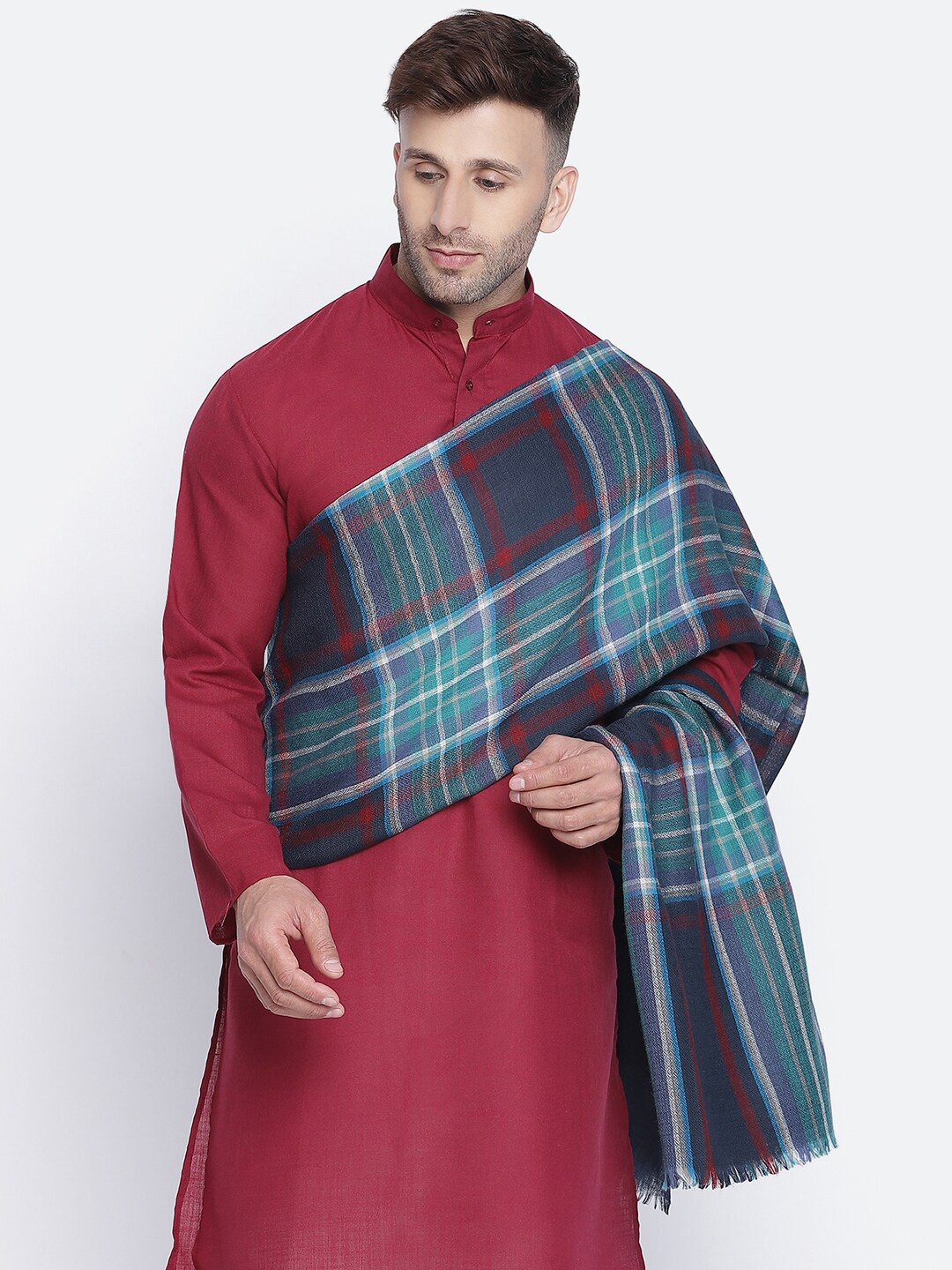 

SHINGORA Men Blue & Maroon Woven Design Pure Woolen Shawl