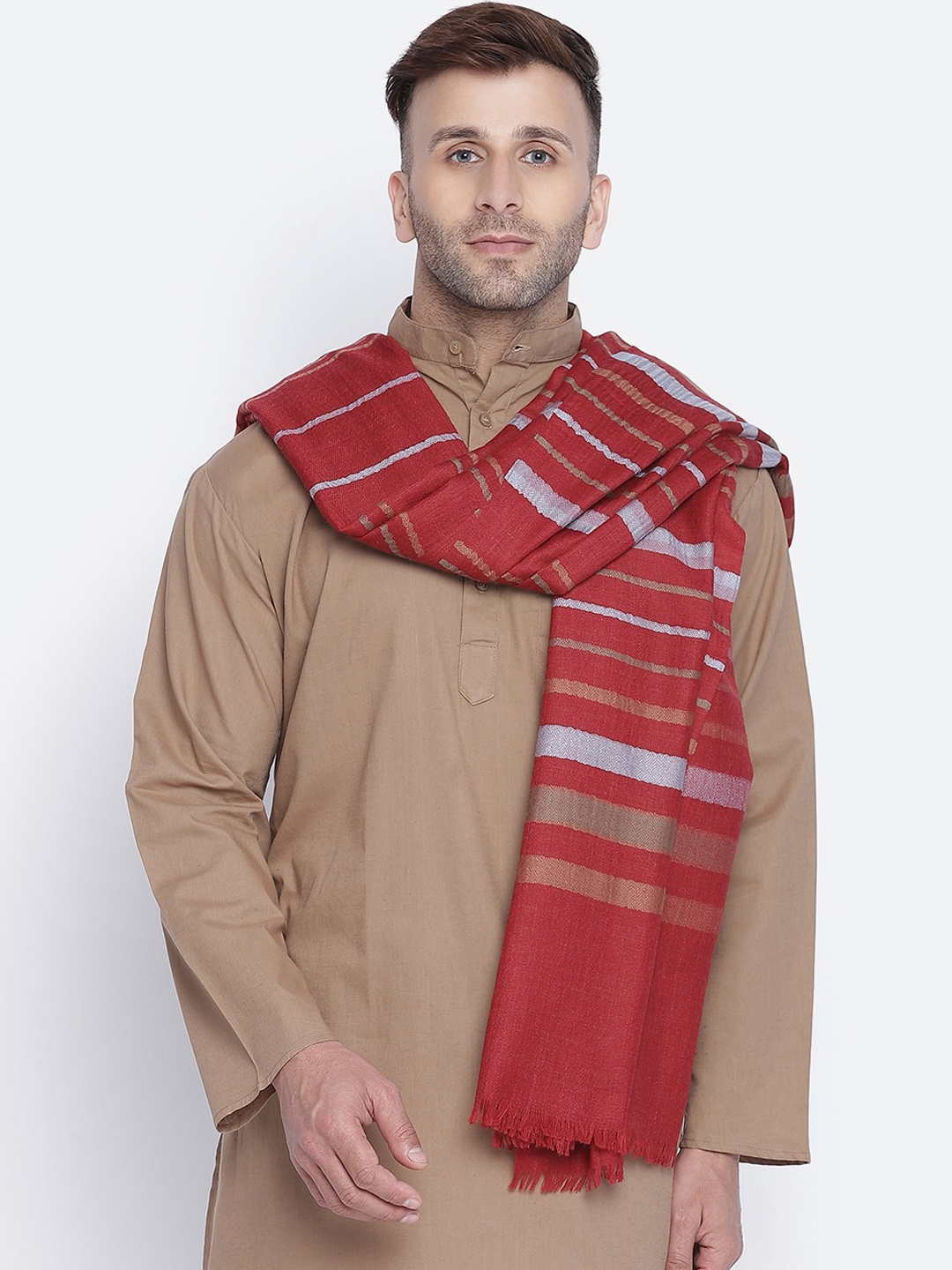 

SHINGORA Men Red & White Woven Design Pure Woolen Shawl