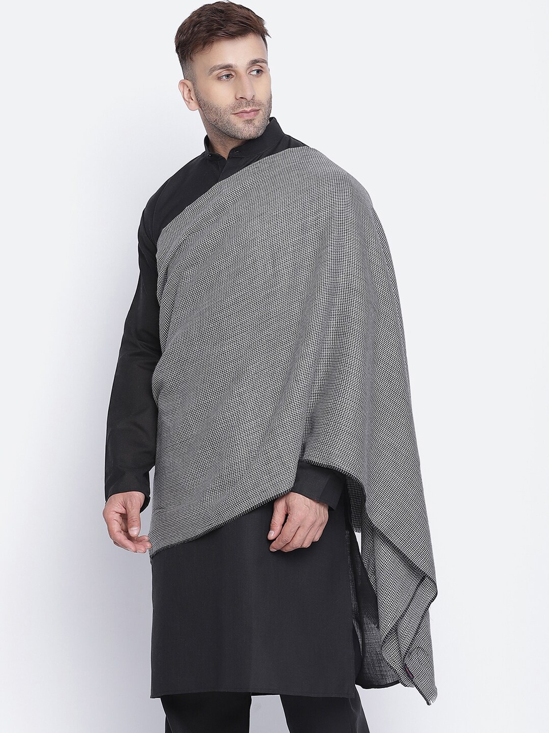 

SHINGORA Men Grey & Black Woven-Design Pure Woolen Shawl