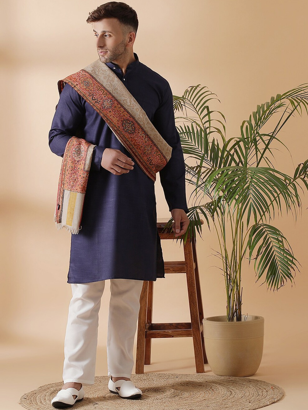 

SHINGORA Men Beige & Orange Woven-Design Pure Woolen Shawl