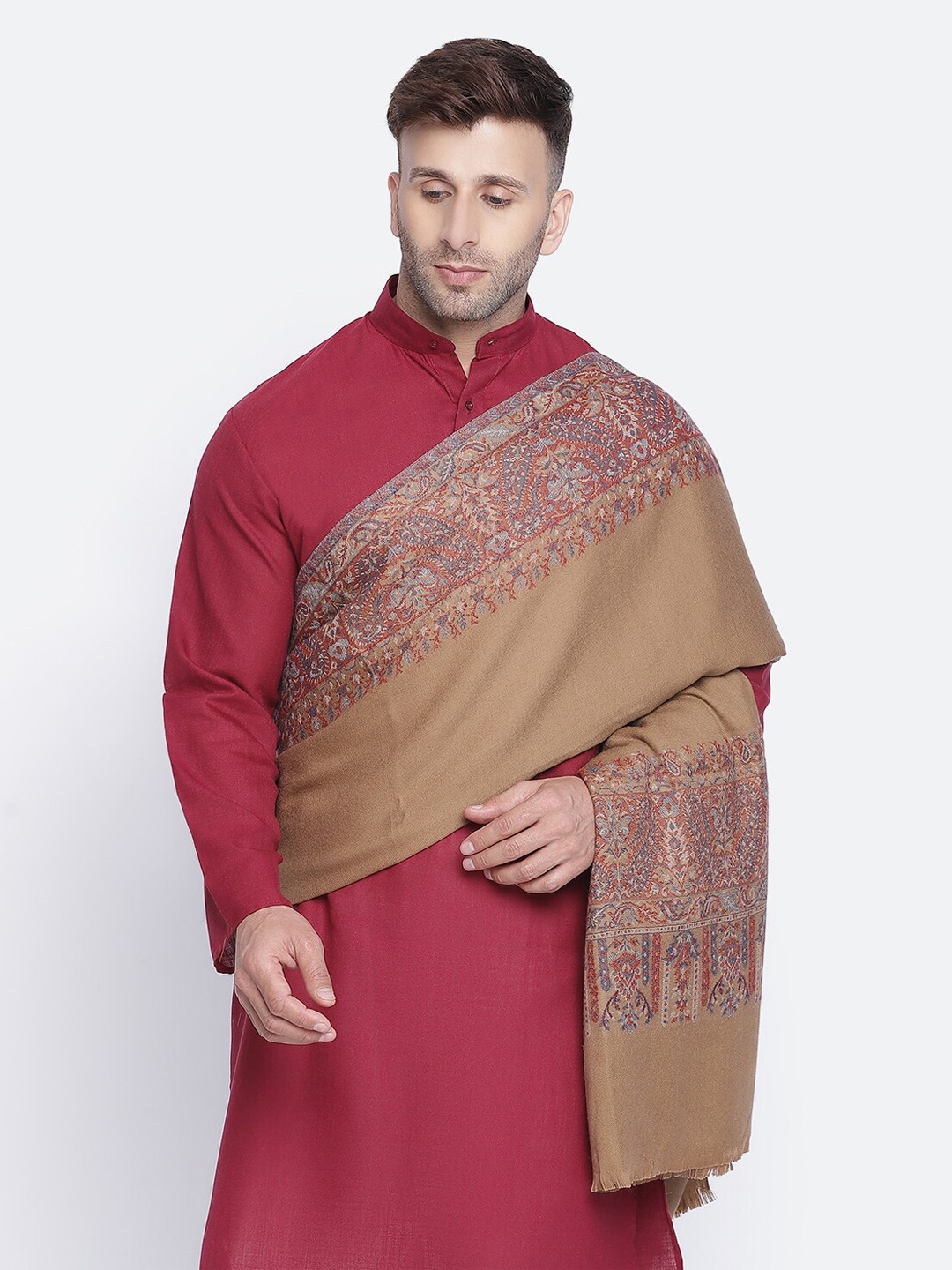 

SHINGORA Men Beige & Orange Woven-Design Pure Woolen Shawl