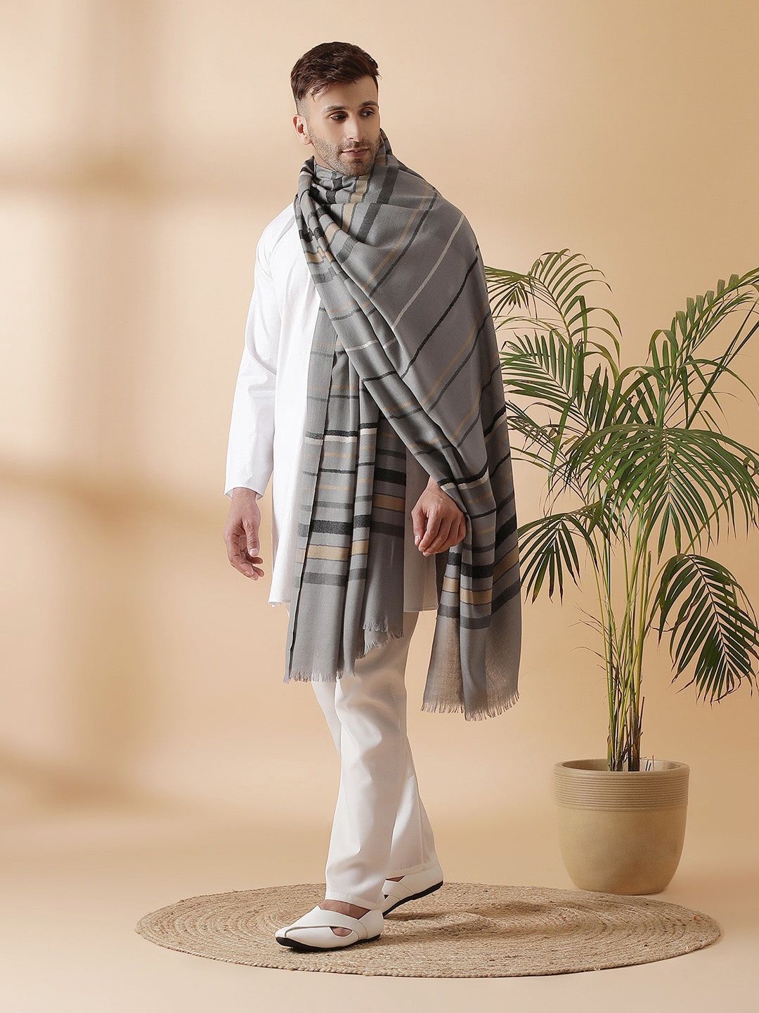 

SHINGORA Men Grey Woven Design Striped Pure Wool Shawl