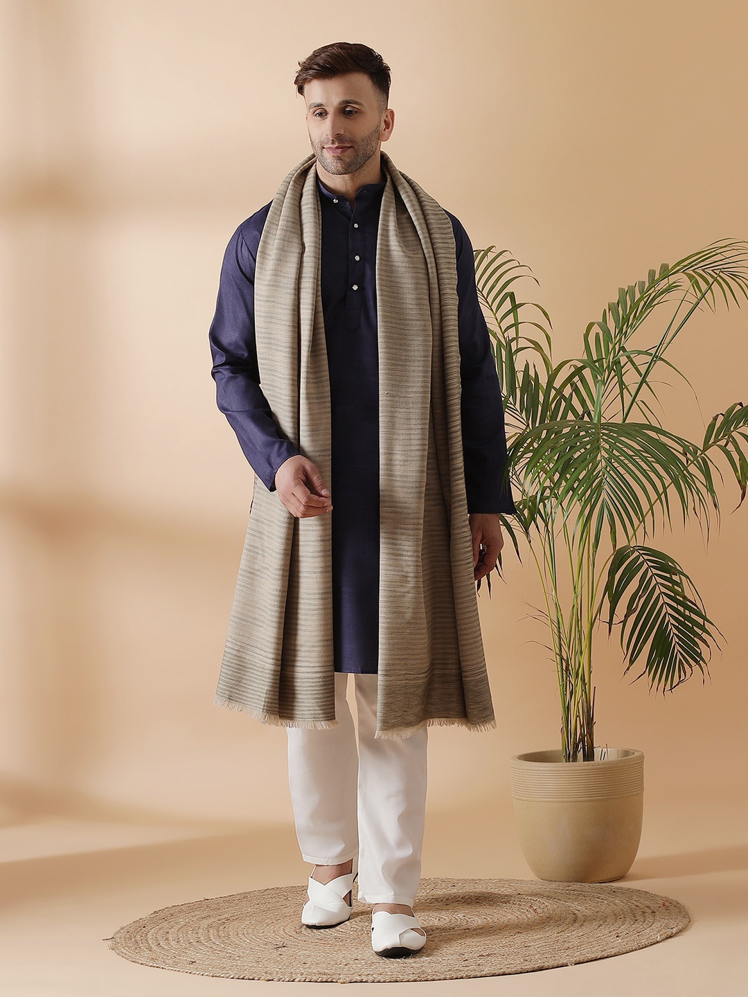 

SHINGORA Men Beige Woven Design Pure Woolen Shawl