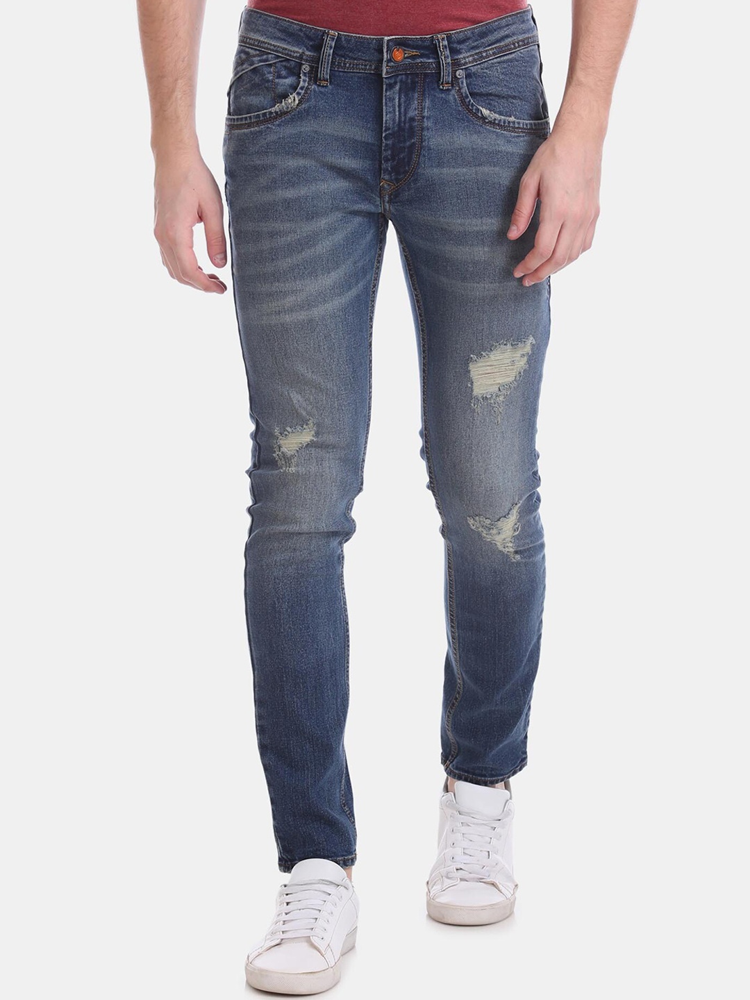 

RUF & TUF Men Blue Skinny Fit Low Distress Light Fade Stone Wash Jeans