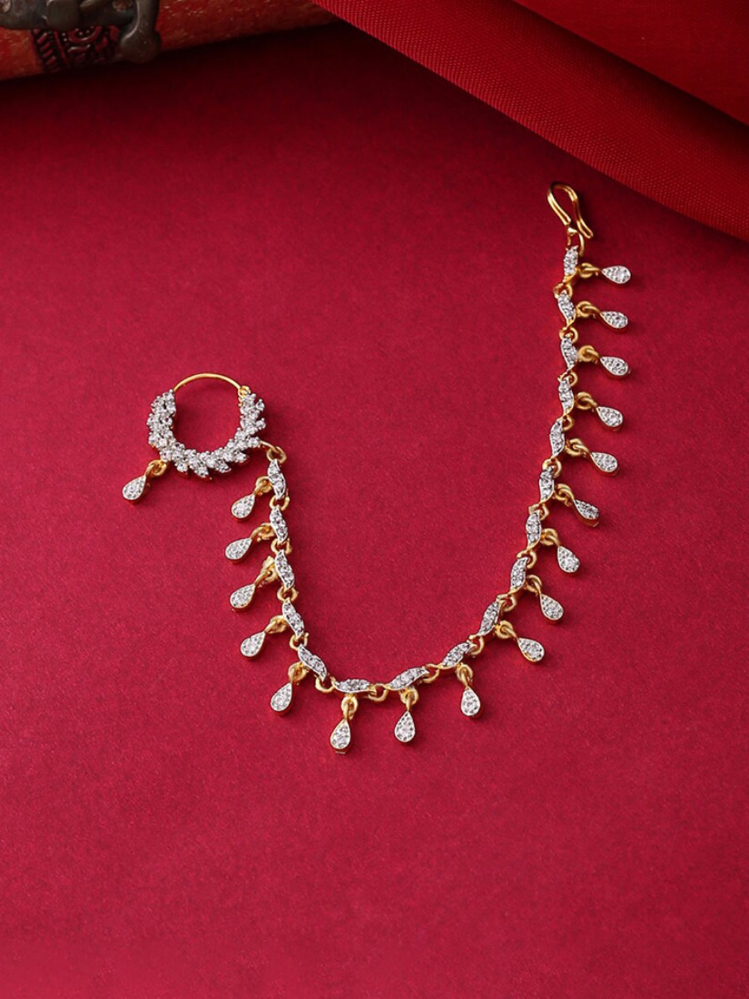 

Yellow Chimes Gold-Plated & White AD-Studded Nosepin With Chain