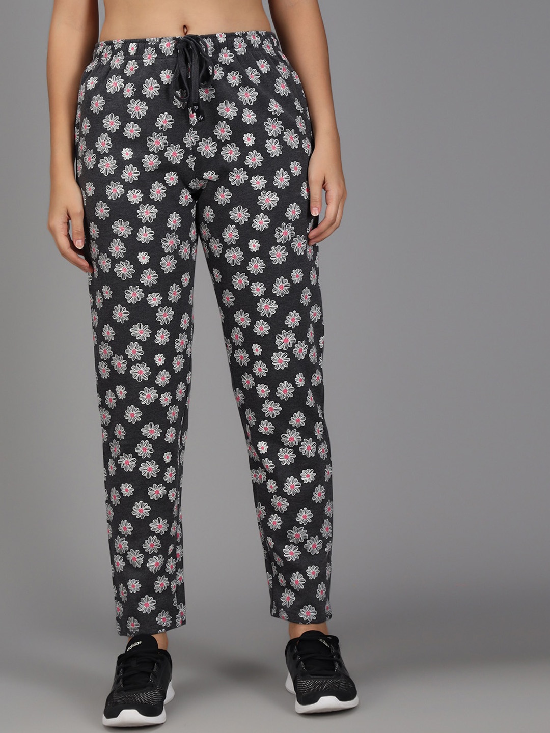 

ANTI CULTURE Women Grey & white Floral Printed Cotton Track Pants, Grey melange