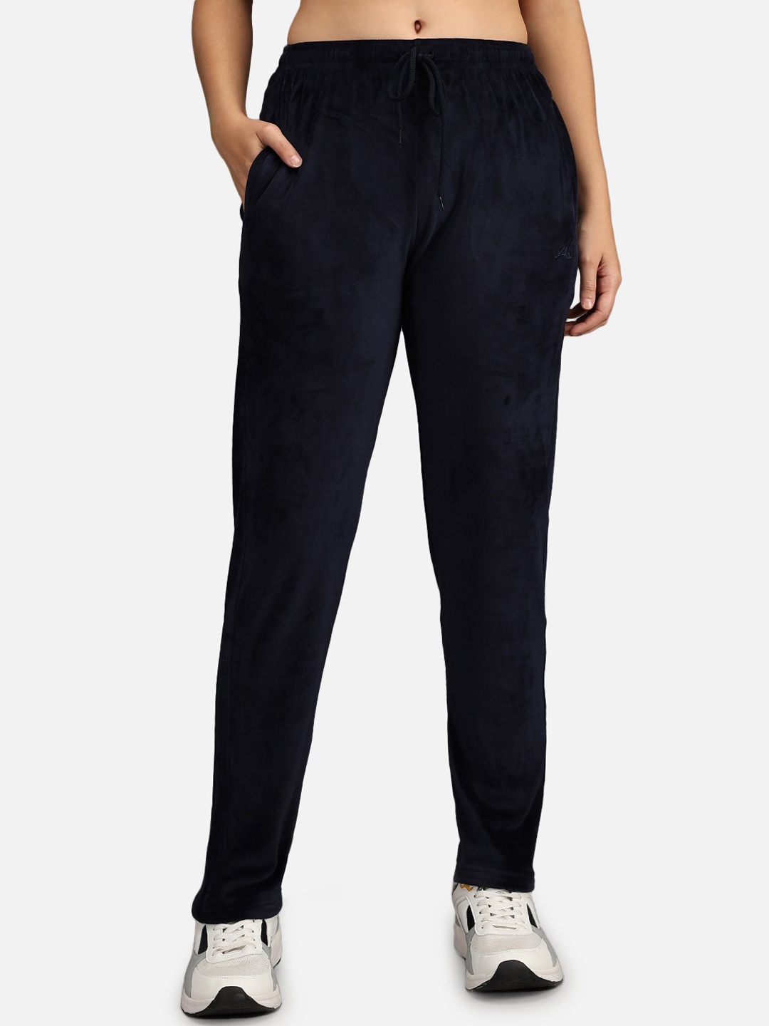 

ANTI CULTURE Women Navy Blue Solid Velvet Track Pants
