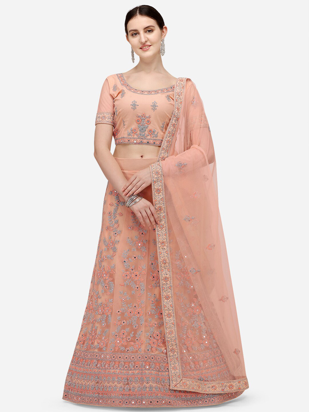 

Netram Peach-Coloured & Silver-Toned Embroidered Mirror Work Semi-Stitched Lehenga & Unstitched Blouse With