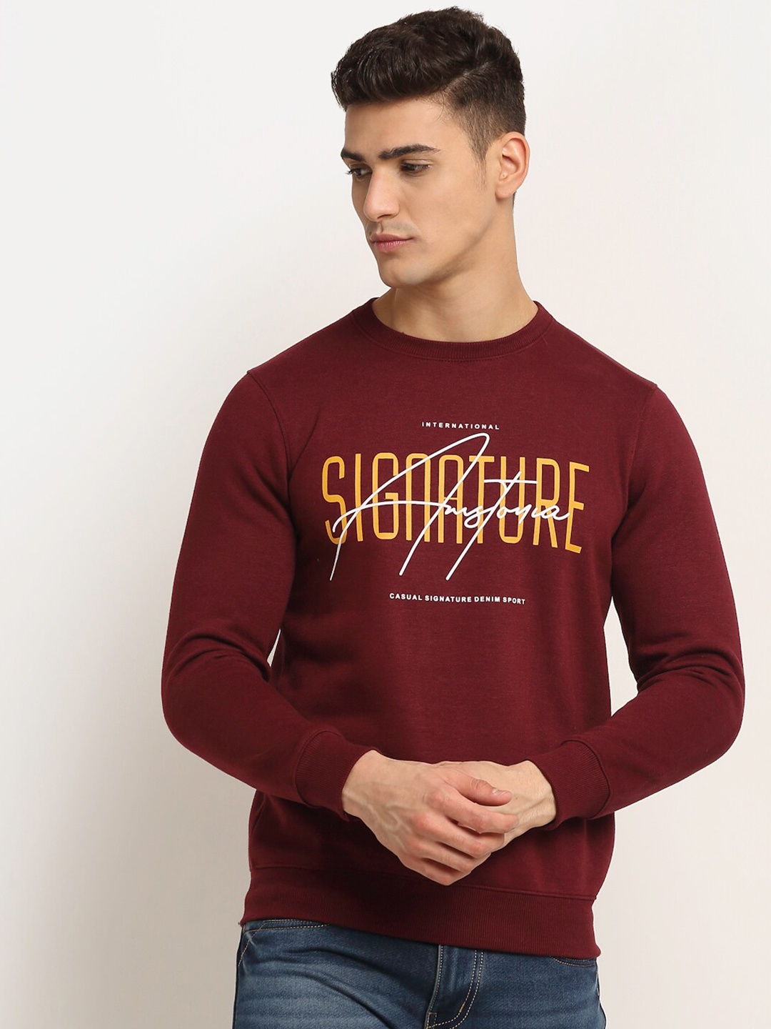 

Rodamo Men Maroon Printed Fleece Sweatshirt