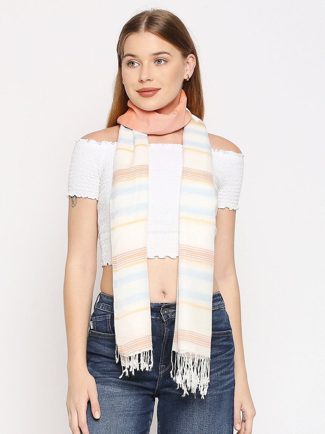 

BELLEZIYA Women Multicolour Striped Scarves, White