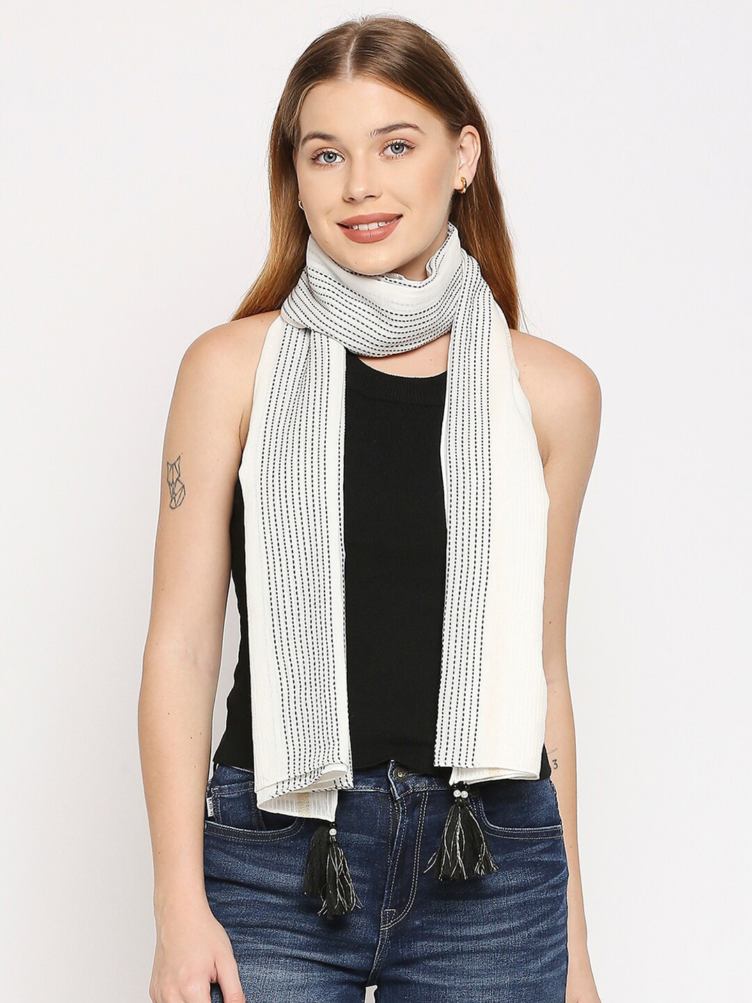 

BELLEZIYA Women White & Black Striped Scarf