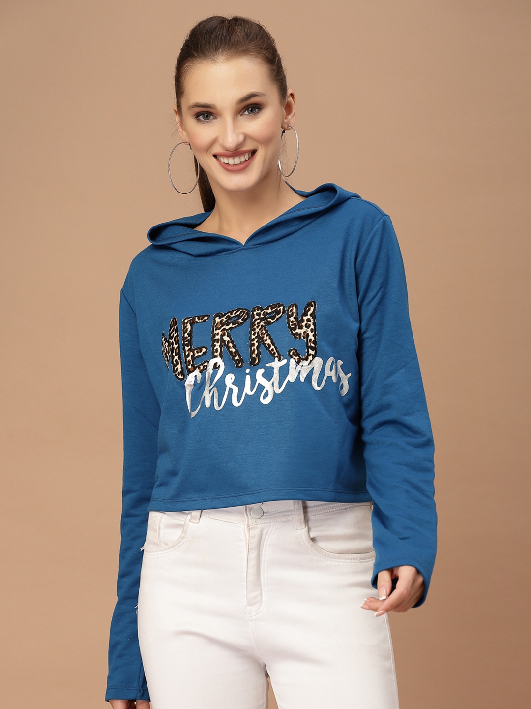 KASSUALLY Women Blue Typography Christmas Update Sweatshirt
