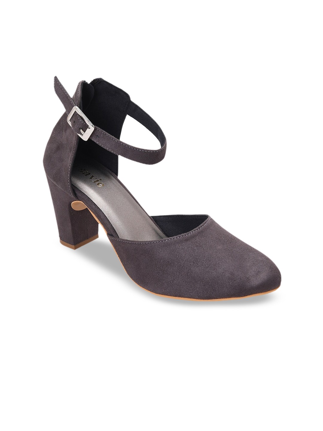 

LA SAVIE Grey Suede Party Block Pumps with Buckles