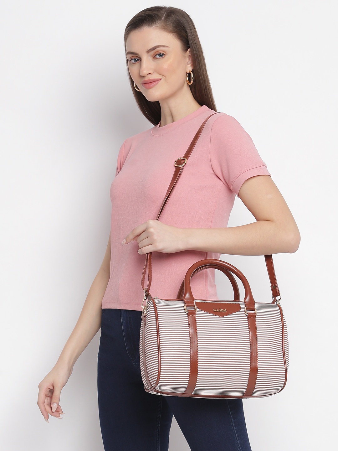 

KLEIO Women Striped Barrel Handheld Hand Bag, Brown