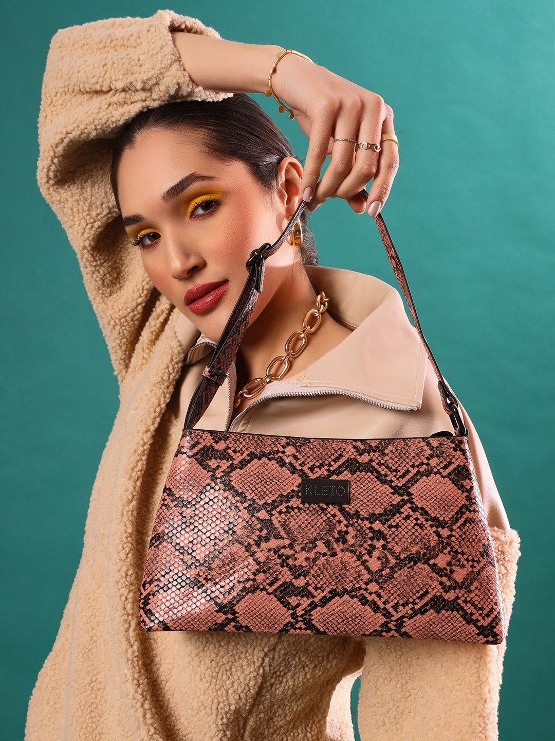 

KLEIO Women Snake Skin Textured Structured Sling Bag, Tan