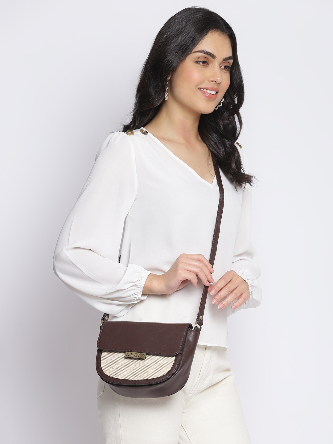 

KLEIO Women Colourblocked Half Moon Sling Bag, Brown