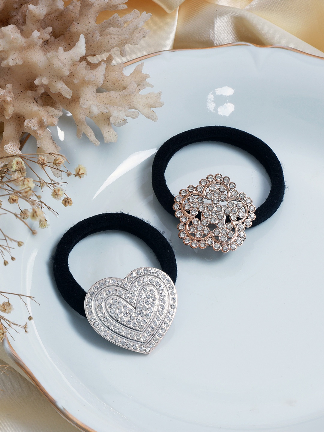 

Ayesha Women Black & Silver-Toned Set of 2 Embellished Studded Hair Ties