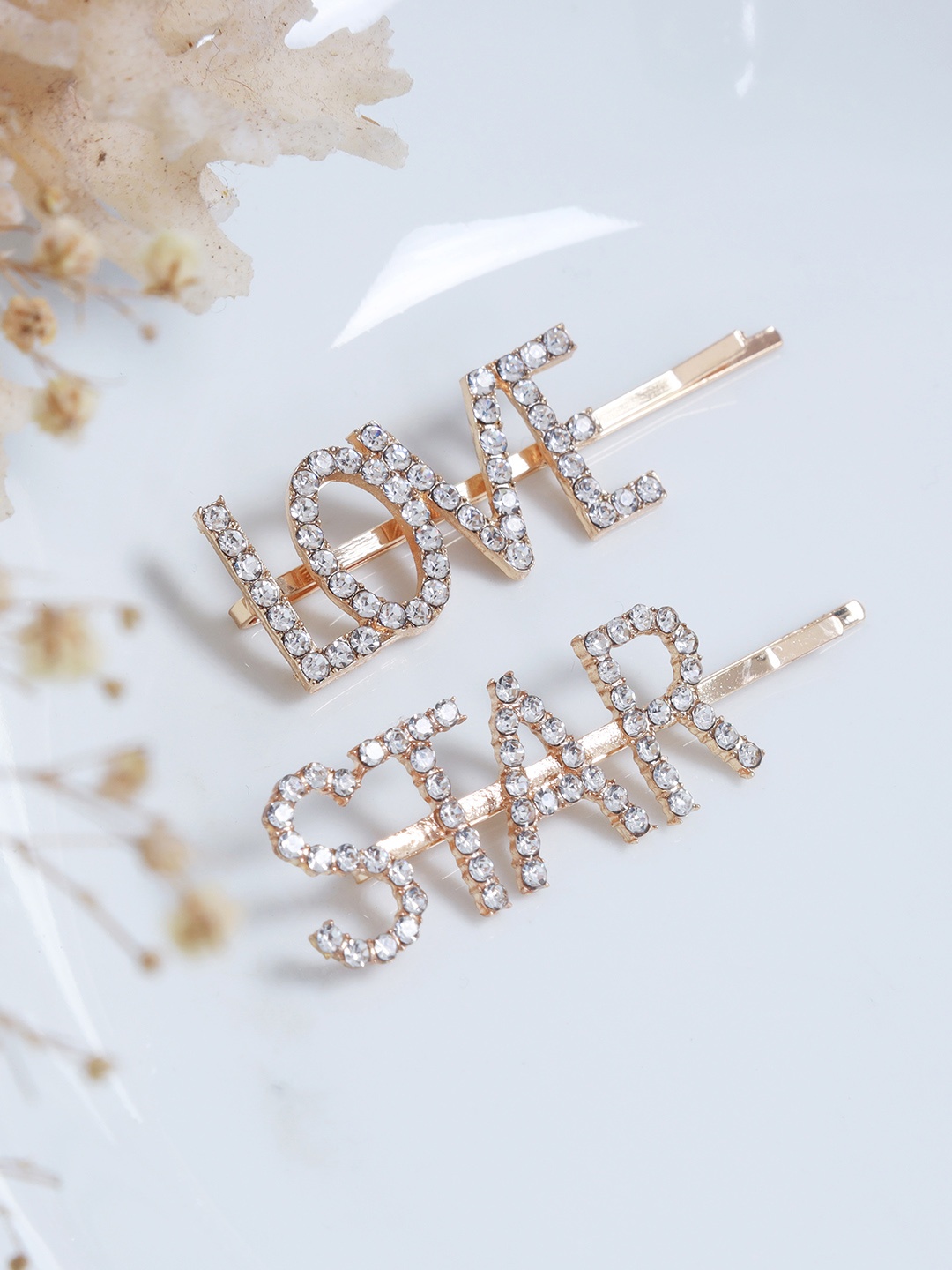 

Ayesha Women Set of 2 Star & Love Statement Diamante Studded Hair Pins, Gold