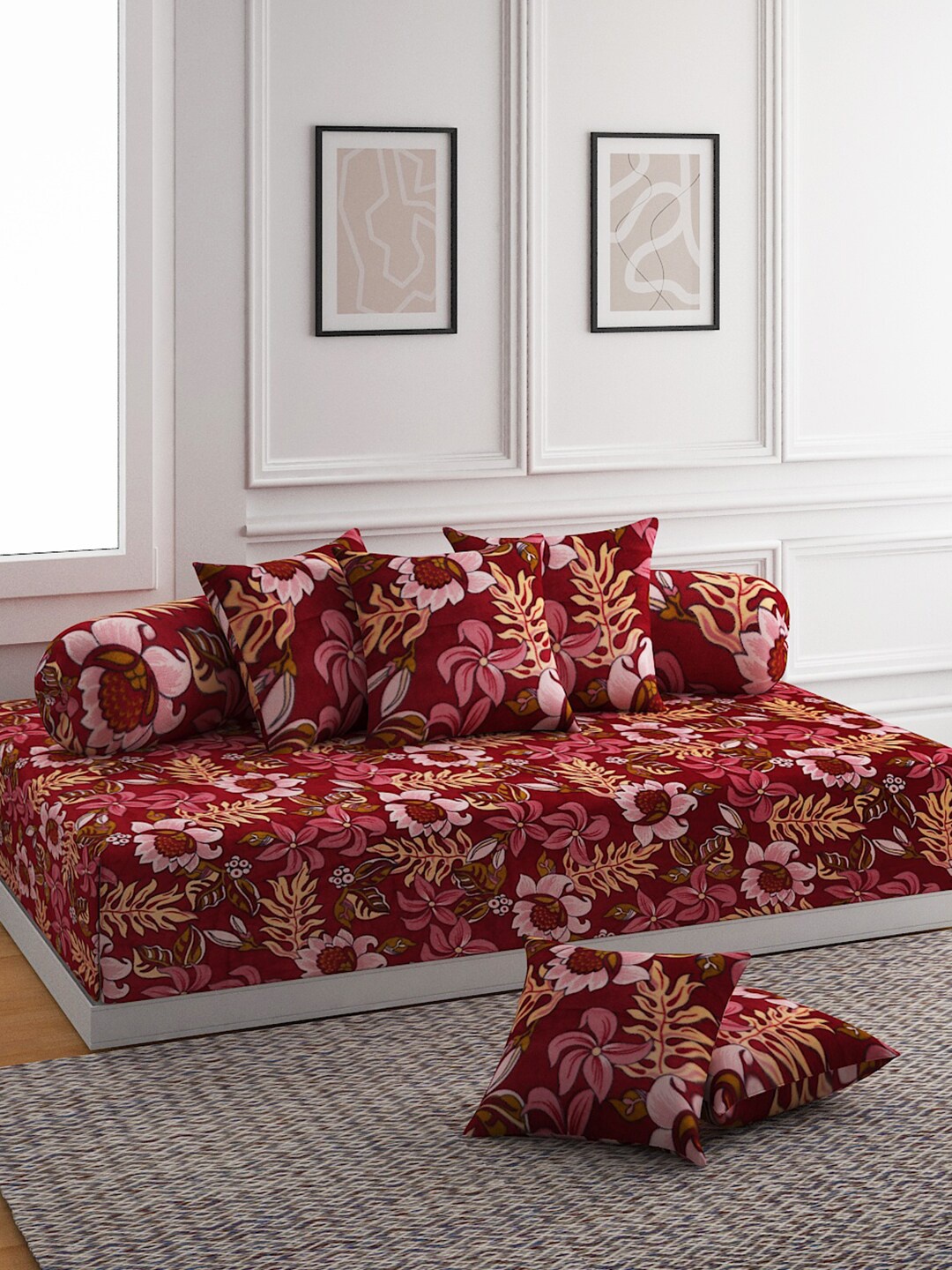 

ROMEE 8 Pcs Maroon & Pink Printed Diwan Set