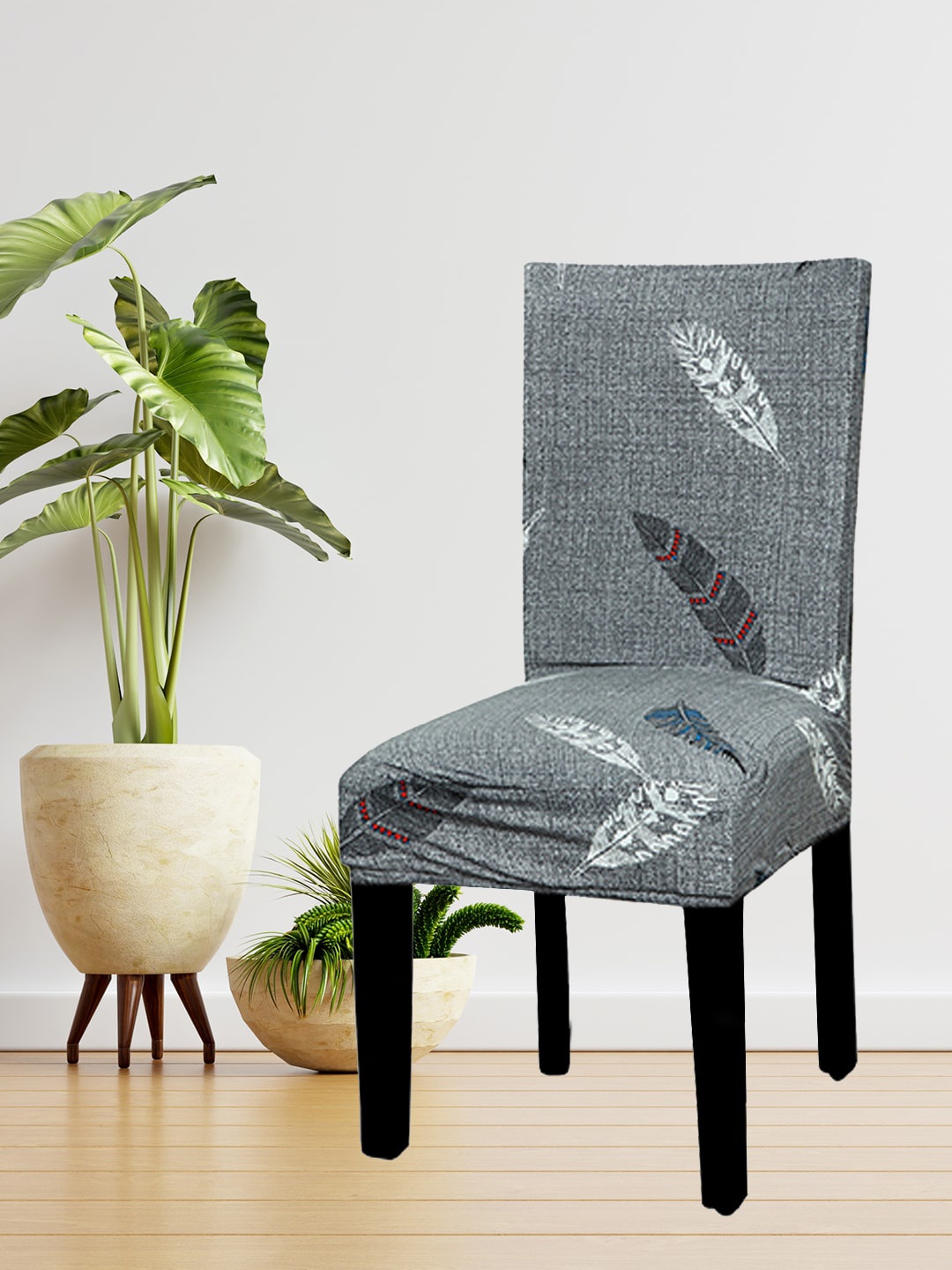 

HOUSE OF QUIRK Grey & White Printed Non-Slip Removable Chair Cover