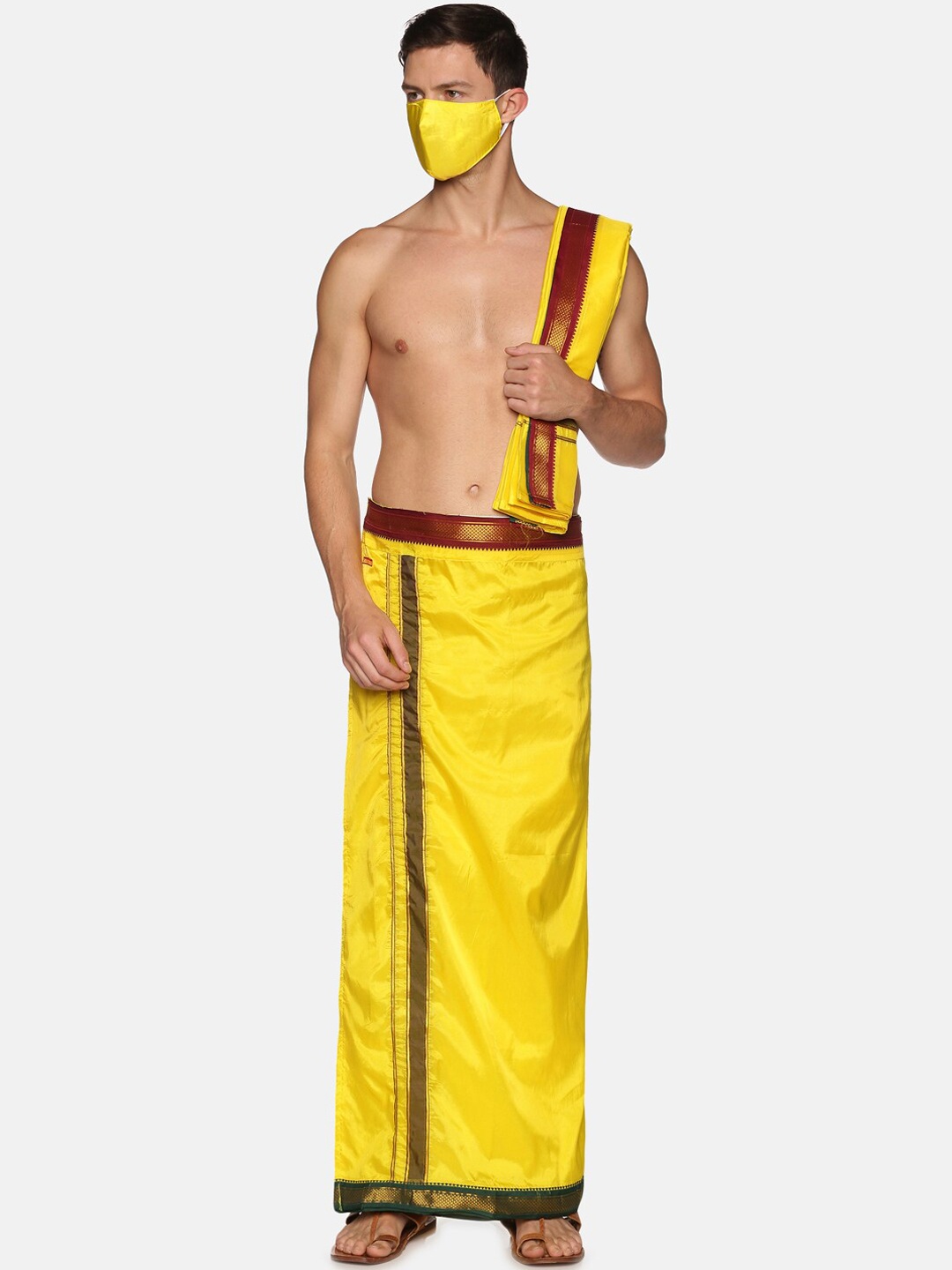 

Sethukrishna Men Yellow Solid Readymade Dhoti & Angavastram With Mask