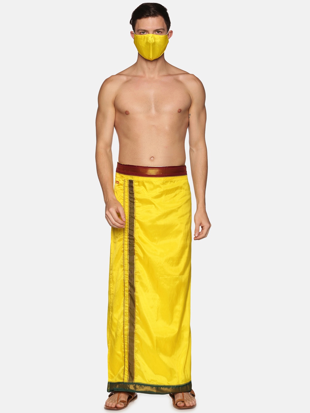 

Sethukrishna Men Yellow Solid Readymade Dhoti With Matching Mask