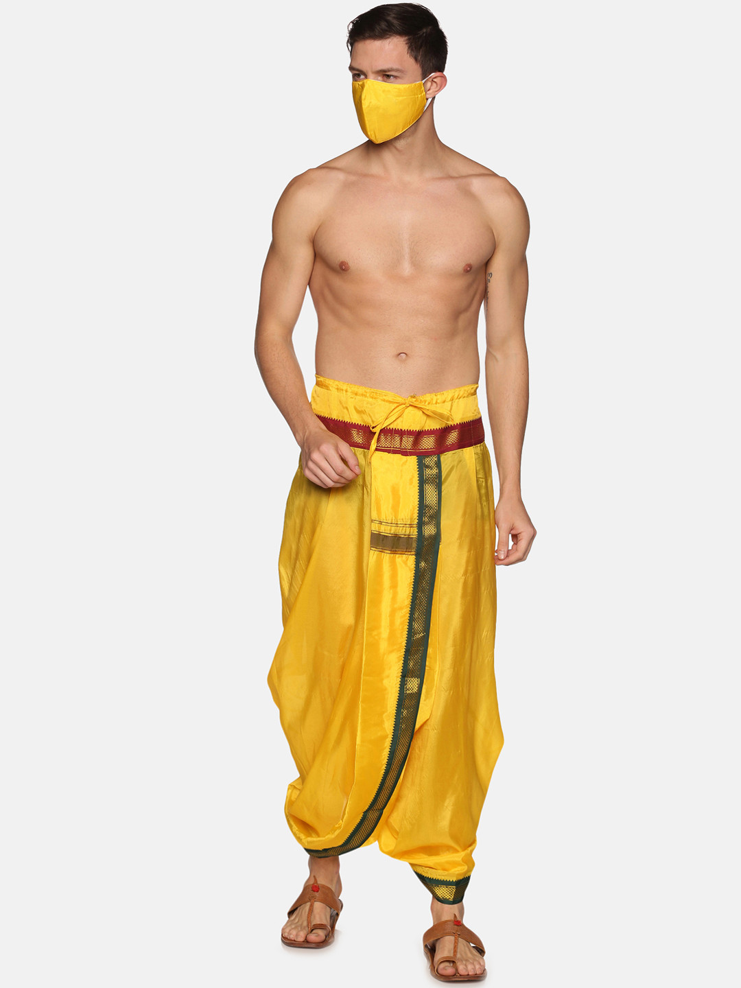 

Sethukrishna Men Yellow Solid Dhoti Pant With Matching Mask