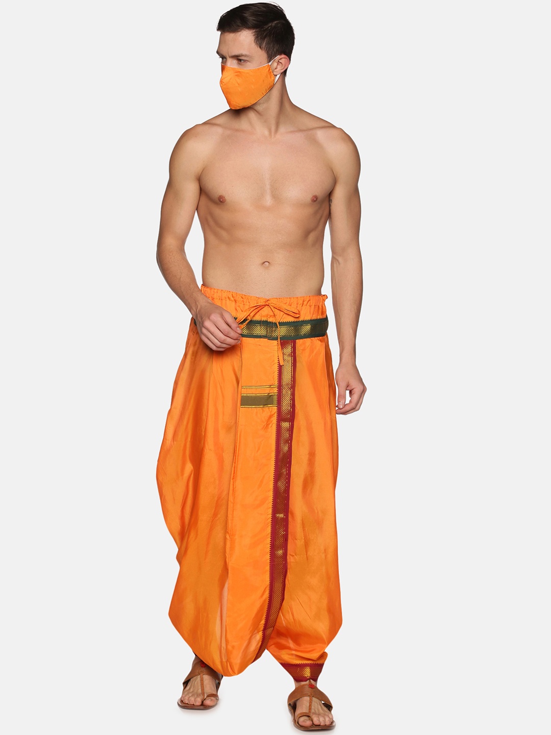 

Sethukrishna Men Orange Solid Readymade Dhoti Pants With Matching Mask