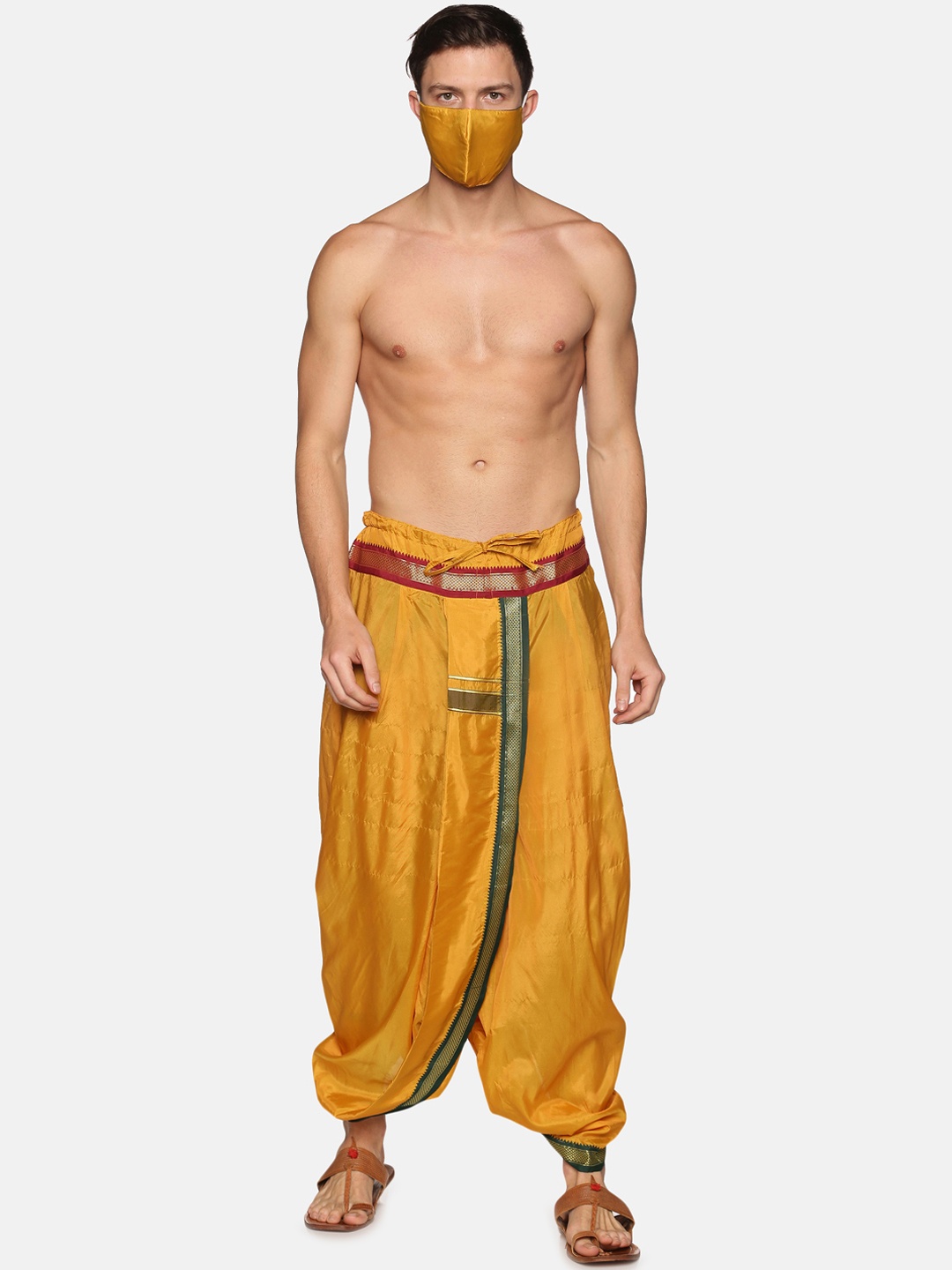 

Sethukrishna Men Mustard Yellow Solid Dhoti Pants With Matching Mask