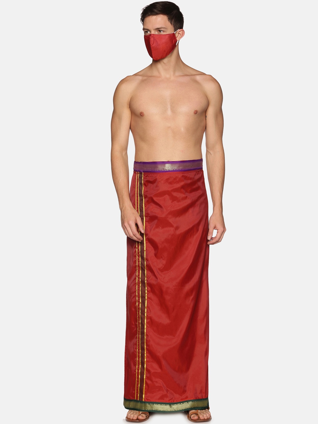 

Sethukrishna Men Maroon Solid Readymade Dhoti With Matching Mask