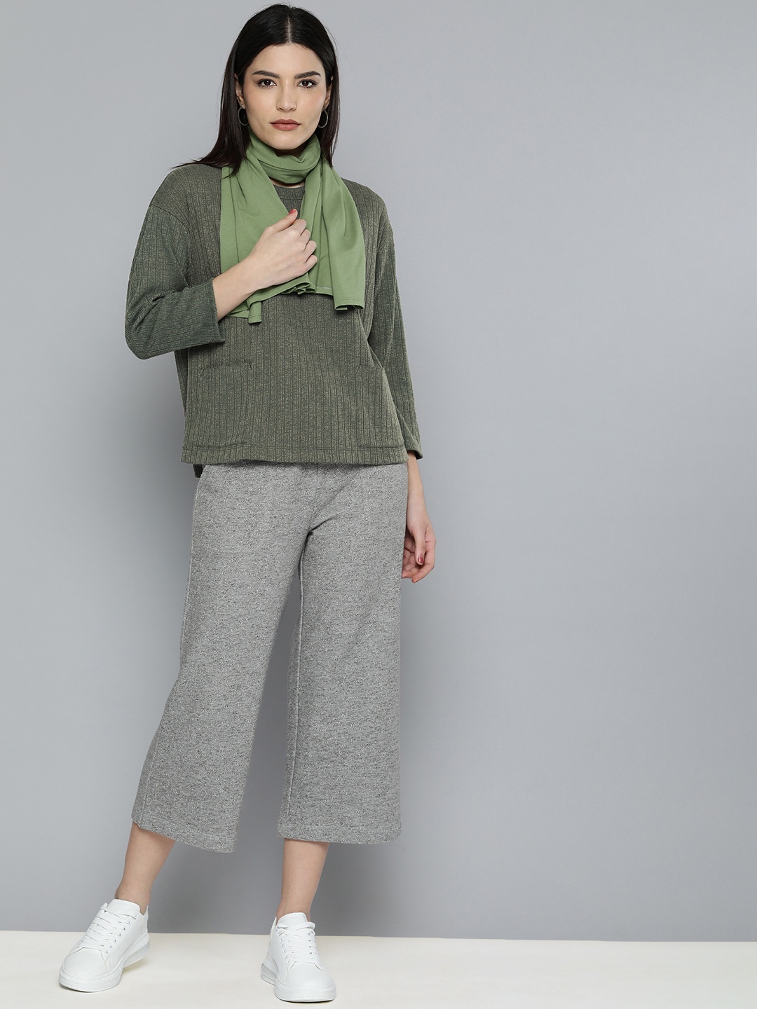 

Chemistry Women Sea Green Self Design Top with Culottes & Scarf, Grey