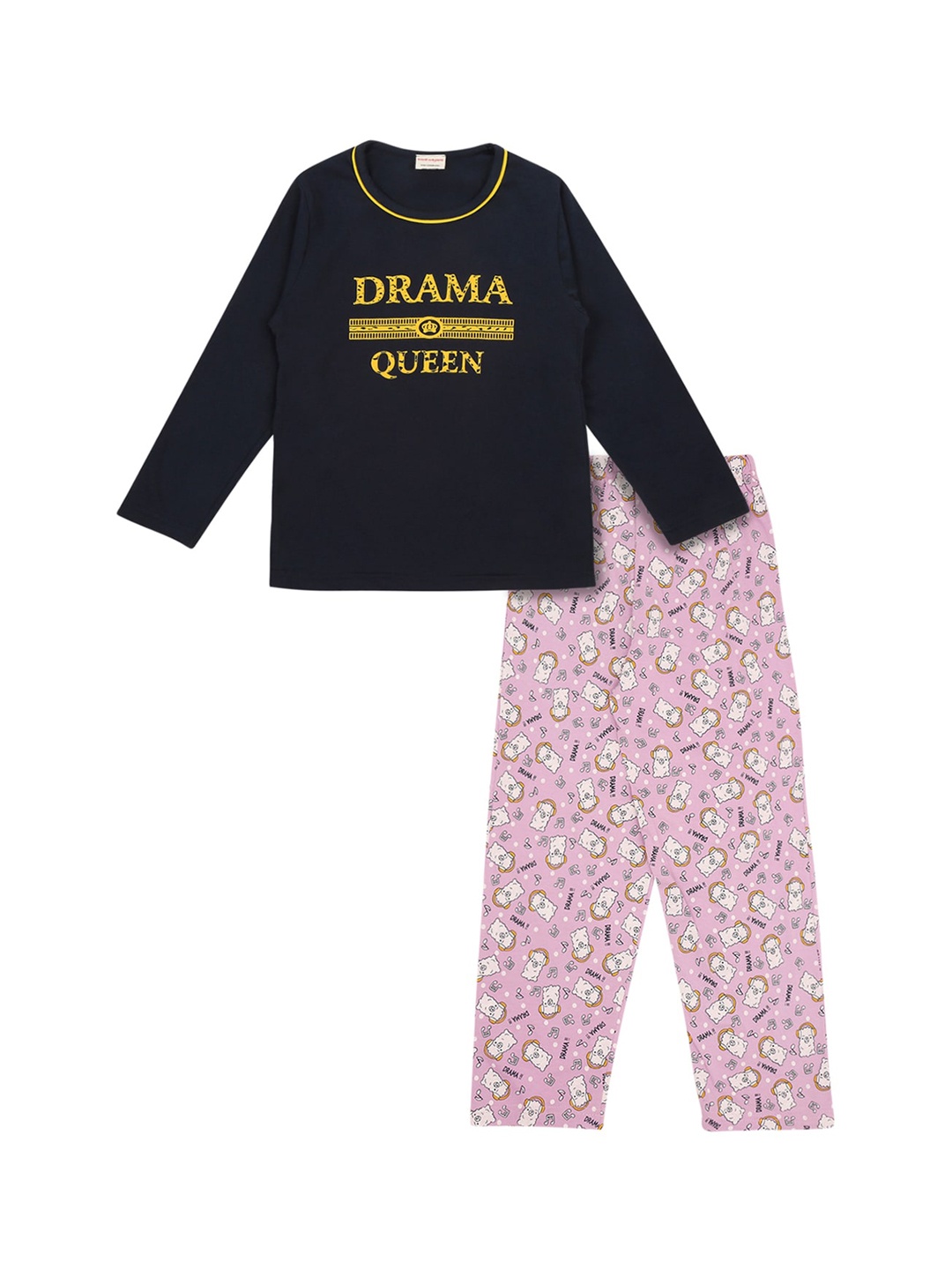 

RAINE AND JAINE Girls Navy Blue & Pink Printed Pure Cotton Night suit