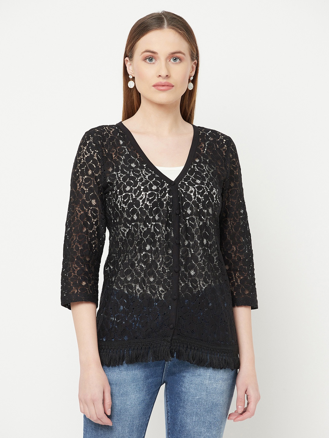 

Espresso Women Black Tasselled Button Shrug