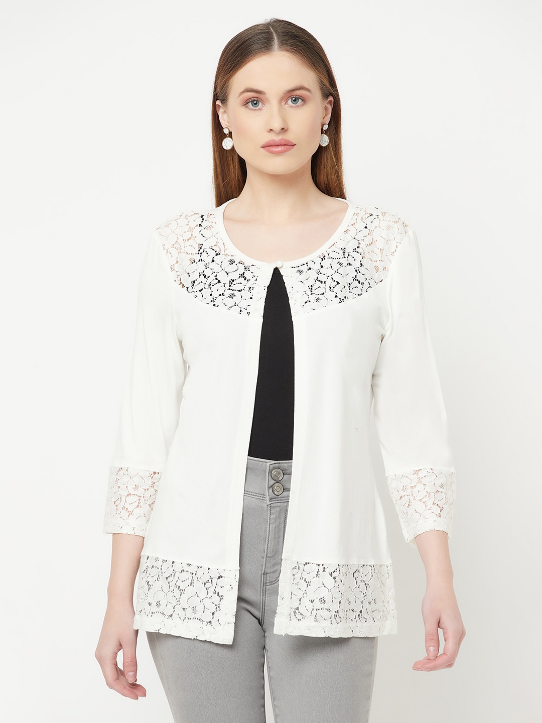

Espresso Women Off White Lace Panel Front Open Shrug
