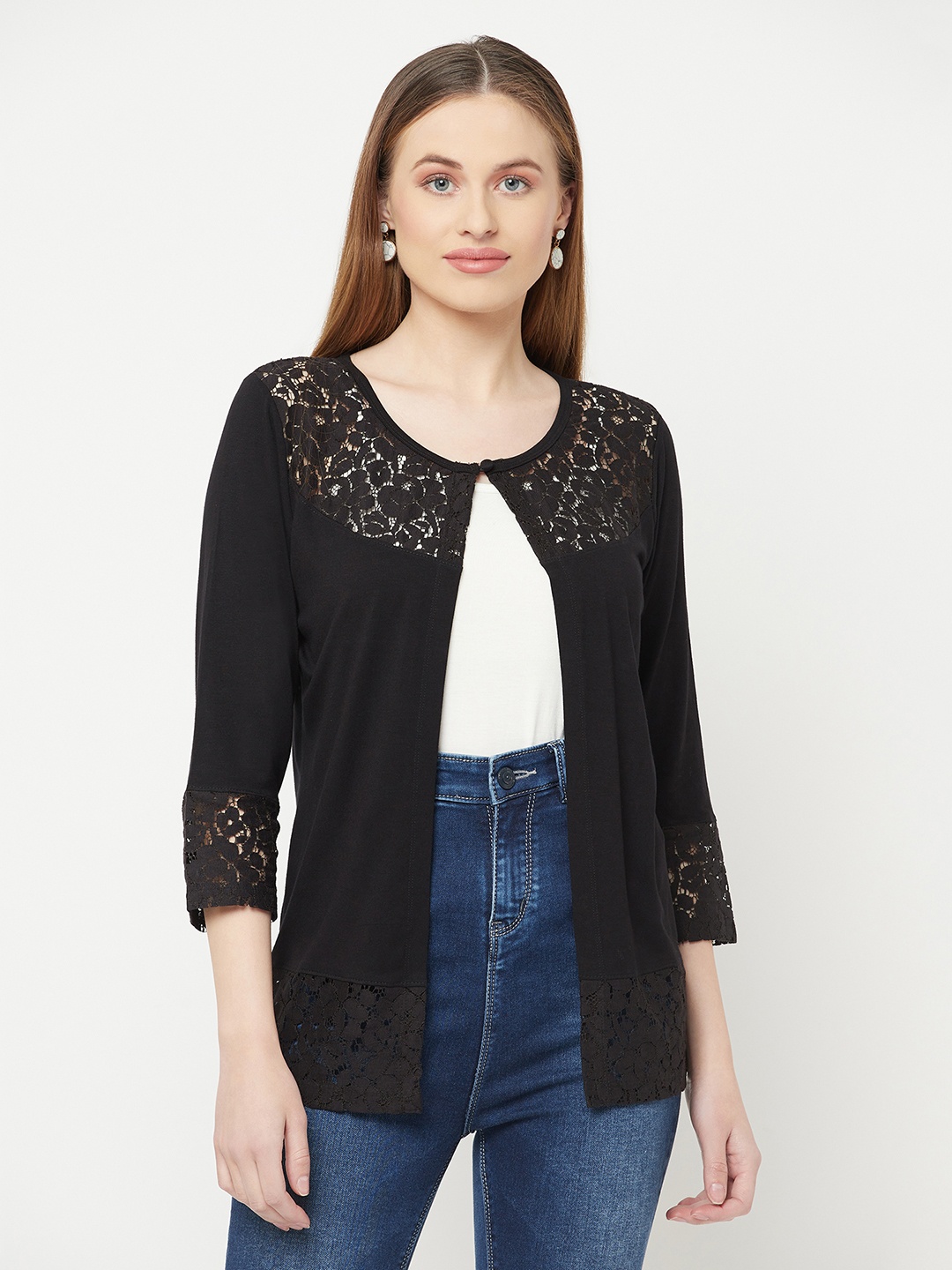 

Espresso Women Black Lace Panel Front Open Shrug