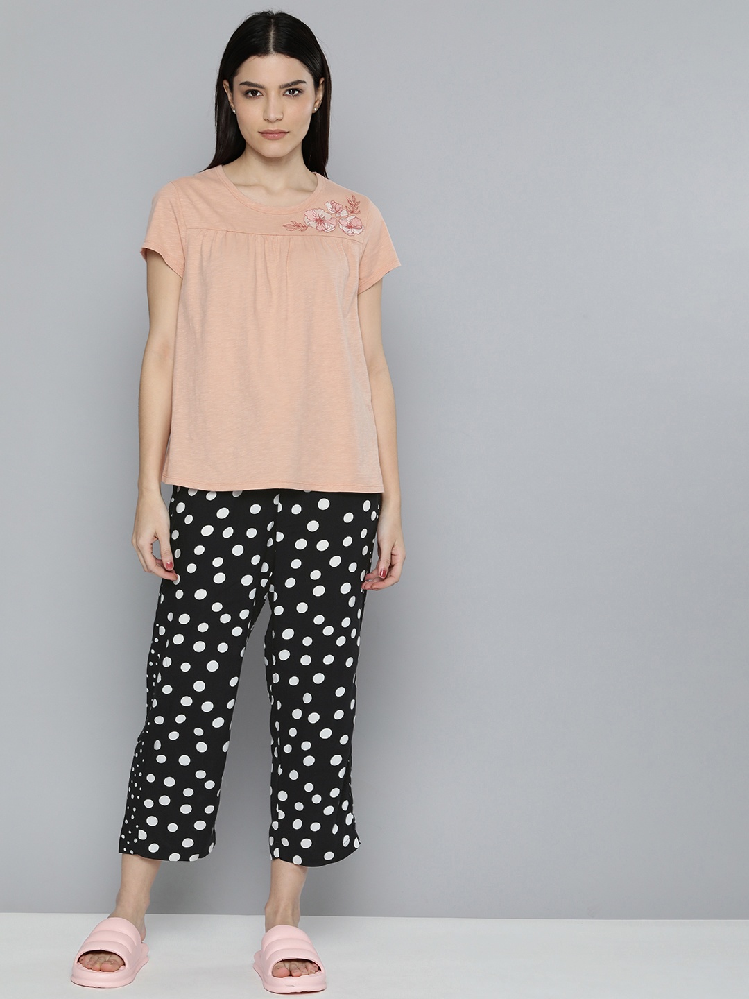 

Chemistry Women Peach & Black Printed Night suit