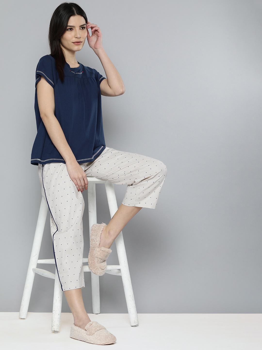 

Chemistry Women Navy Blue & Beige Printed Pure Cotton Night suit